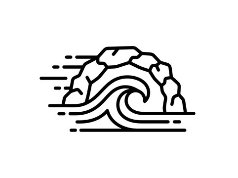 Coastal wave crashes against rocks with speed lines suggesting motion and power