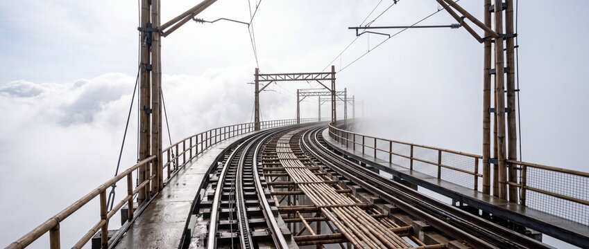Curved elevated railway track structure made of bamboo materials passing through dense thick clouds in high altitude mountainous terrain area