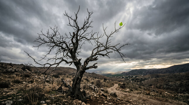 resilient hope single green leaf on barren tree symbolizing optimism persistence faith and never giving up in business and psychology