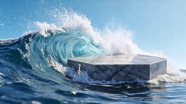 Giant ocean waves crashing against hexagonal marble platform in blue sky