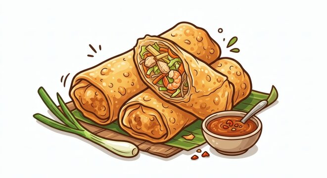 Vector illustration of crispy Indonesian spring rolls known as Lumpia Semarang, served sliced with fresh scallion and dipping sauce.