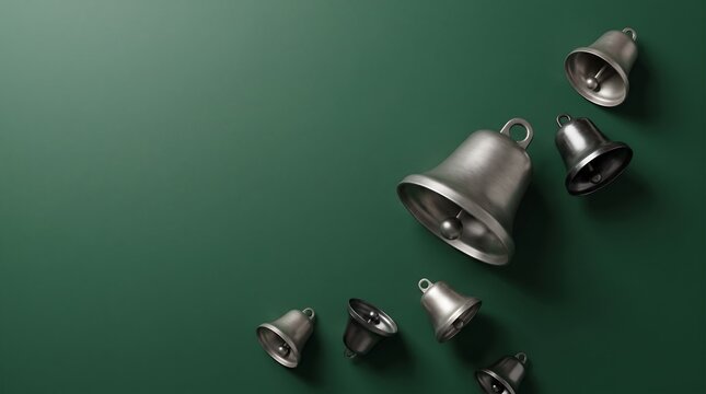 Stunning 3D render of metallic silver bells arranged gracefully on a clean dark green background with ample empty space for seasonal holiday greeting text and custom design layouts