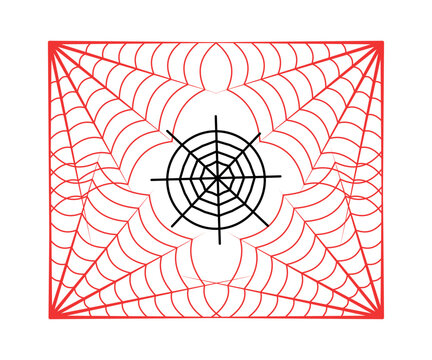 A black spider web centered within a larger red rectangular web pattern