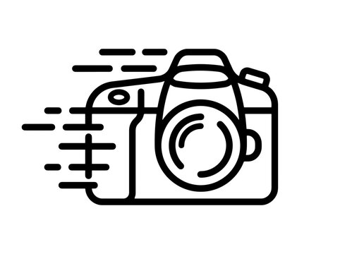 A fast moving camera with speed lines and a zoom lens on a white background