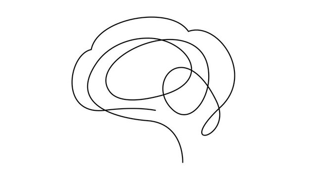 Animated continuous line drawing of a brain representing thought, creativity, and complex mental processes.