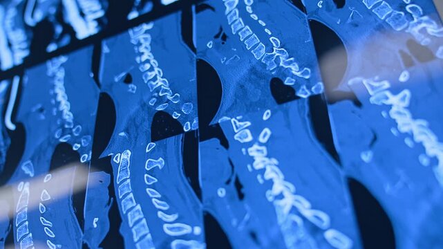 A medical display shows a grid of spinal scan images. Blue light reveals pale vertebral outlines across repeated sections in an angled close view.