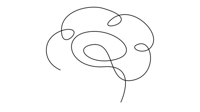 Animated continuous line drawing of abstract brain-like shapes and intricate knots, representing thought, complexity, and connection on a clean white background.