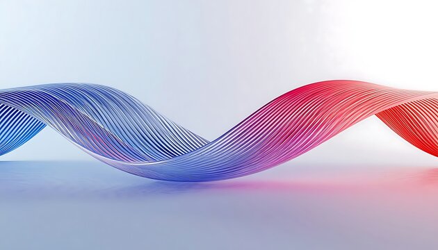 3D render of an abstract flowing wave ribbon made of hundreds of fine thin parallel lines twisting in a smooth sinusoidal curve, vivid gradient from cobalt blue and periwinkle on the left to magenta