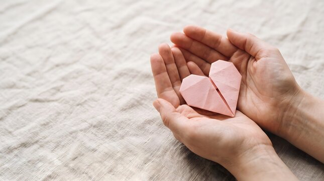 Human hands holding pink origami heart over neutral linen fabric for love and compassion concept.