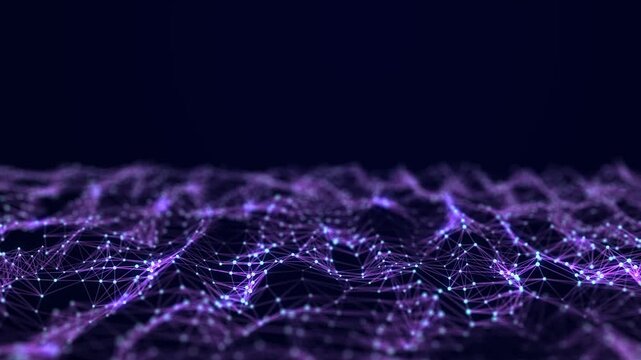 Waves transmit silent codes through a luminous matrix. Particles pulse with digital motion. 3D rendering. Seamless loop.