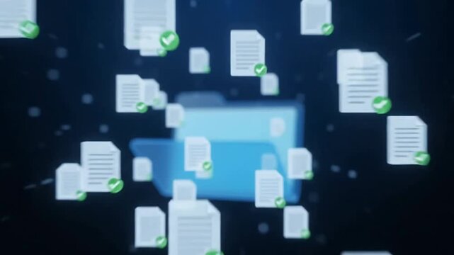 Holographic digital document folder opening animation on dark