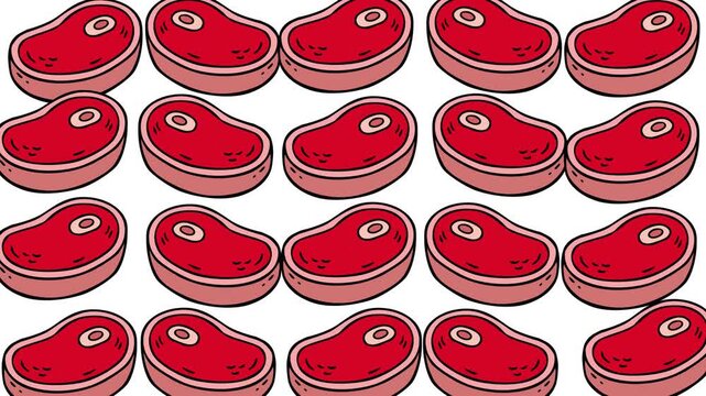 A bold repeating pattern of red cartoon steaks with pink edges on a white background