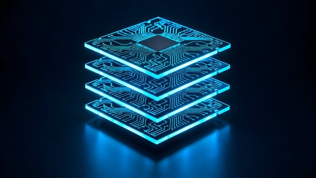 Stacked layers of glowing blue cyan microprocessor plates illustrating advanced digital computing power and quantum technology