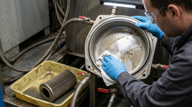 Technician cleaning heat exchanger of liquid cooling system in data center. Man in gloves and safety glasses wiping dirt inside metal housing with removed filter cartridge.