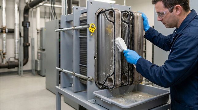 Technician cleaning plate heat exchanger in data center cooling system. Man brushing metal plates during coolant flushing and preventive maintenance.
