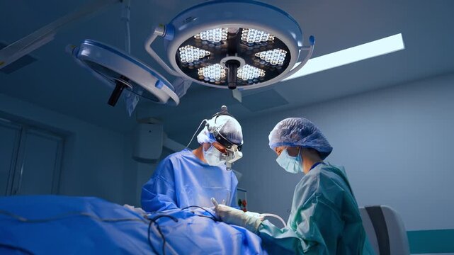 Two clinicians work beneath a circular lamp at an operating table. Blue drapes fill the foreground while a headlamp highlights hands between contrasting gowns.