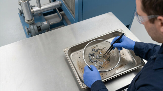 Technician hands in blue gloves examining debris from mesh filter strainer on tray during coolant system flushing.