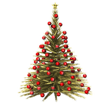 PNG, Trasparente. Natale. Abete dorato decorato in rosso, isolato su sfondo bianco.