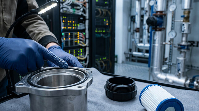 Technician hands in gloves inspecting heat exchanger component during coolant filter replacement in data center.