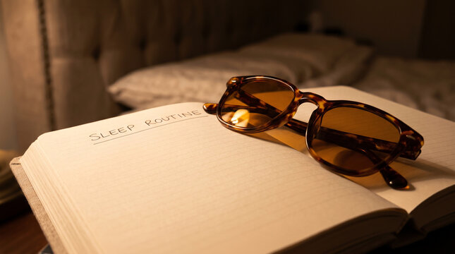 Tortoiseshell blue-light blocking glasses lie on an open notebook with written text reading Sleep routine in a dimly lit bedroom setting.