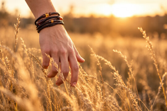 Adult hand wearing leather bracelets gently touches dry grass in a sunlit field at sunset, suggesting nature, freedom, and relaxation.