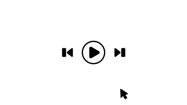 Minimalist Video Player Controls Animation with Mouse Cursor Clicking Play, Pause, Next and Previous Track Icons on White Background.