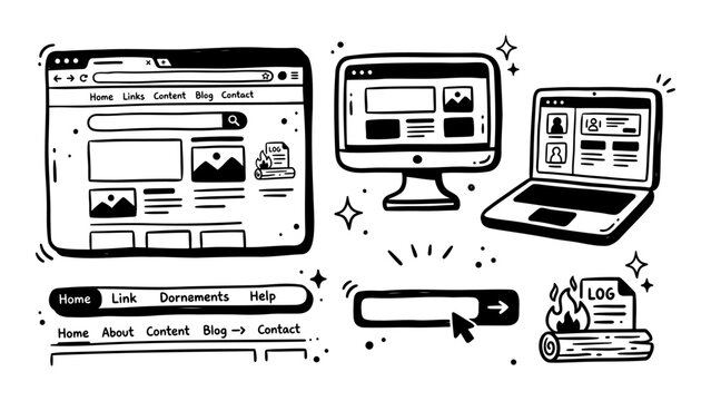 Web design elements collection showing browser windows, laptop screen, navigation bars and log symbols in hand drawn style