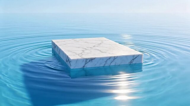 White marble cuboid floating on calm water surface with ripple reflections