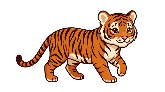Cartoon orange tiger with black stripes walking with strong calm pose, rare big cat wildlife illustration