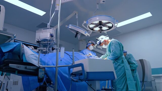 Surgeons lean over an operating table surrounded by clinical equipment. A low view places a blue table rail below hanging bags and circular lights in a white room.