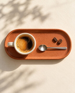 A cup of black coffee, spoon, and coffee beans arranged on a wooden tray against a light surface. Warm sunlight and soft shadows create a calm morning setting.