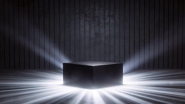 Dark cubic pedestal on wooden floor with dramatic radial light rays