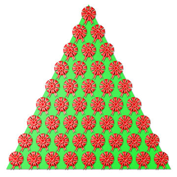 PNG. Trasparente. Illustrazione 3D. Natale. Fiocco, decorazione, per confezione regalo disposti a forma di albero di Natale. Da utilizzare con spazio per testo.