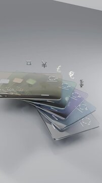 Fanned stack of glass payment cards with currency symbols vertical 3D animation