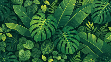 Dense tropical jungle foliage with monstera and philodendron leaves © fatime