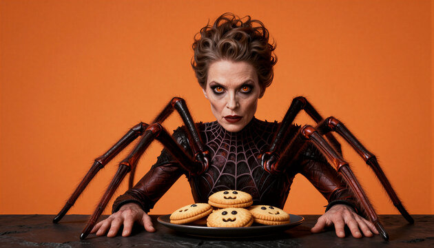 Woman with spider legs posing behind Halloween cookies