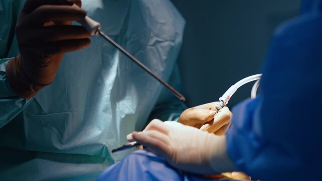 A gloved hand holds a metal instrument above surgical tubing. Pale fingers and a curved tube occupy the lower right with green and blue gowns behind them.