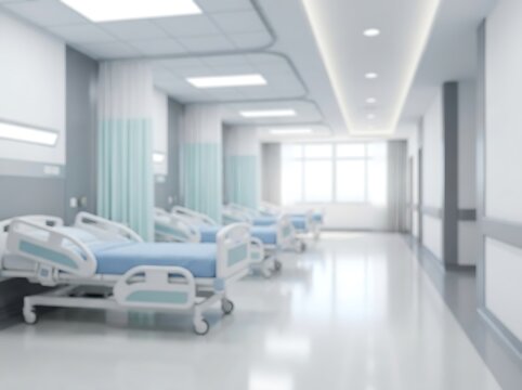 Modern hospital ward with empty patient beds lined up