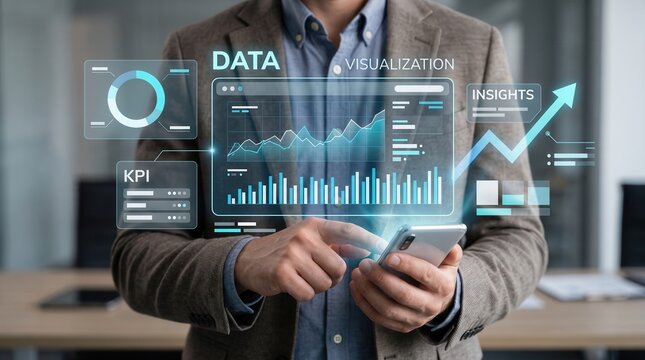 Data Visualization Dashboard Displayed Over A Smartphone Held By A Professional Man In A Suit To Represent Business Analytics, Performance Metrics, Financial Growth Trends And Strategic Digital