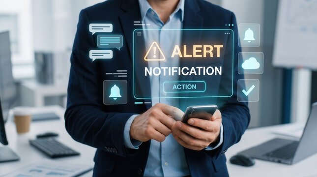 Digital Alert Notification System Interface Displayed Over A Businessman Holding A Smartphone In A Modern Office Environment Featuring Interactive Icons For Messaging Cloud Storage And Security
