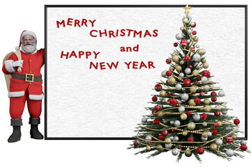 PNG. Trasparente. Illustrazione 3D. Natale. Babbo Natale, e decorazione natalizia. Spazio per testo per auguri, pubblicità, regali, di Natale e di capodanno. © massimo_g