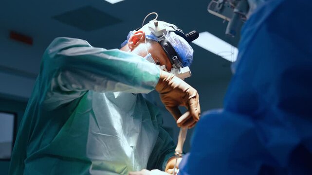 A surgeon presses an instrument toward the operating area. A low viewpoint shows a green gown and brown glove beneath a headlamp beside blue foreground clothing.