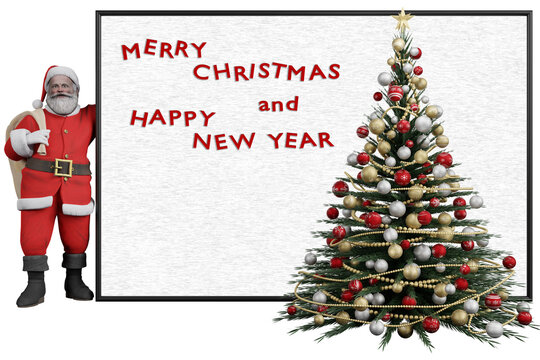 PNG. Trasparente. Illustrazione 3D. Natale. Babbo Natale, e decorazione natalizia. Spazio per testo per auguri, pubblicit&agrave;, regali, di Natale e di capodanno.