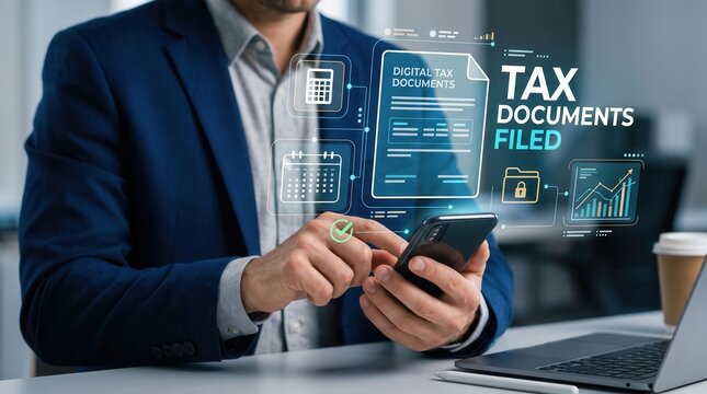 Digital Tax Filing Concept Featuring A Businessman Using A Smartphone To Submit Electronic Documents With Holographic Icons For Financial Management, Accounting, Data Security, And Business Analytics