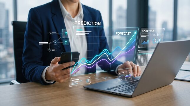 Financial Data Analyst Using Smartphone And Laptop To Review Digital Market Forecast Charts And Predictive Analytics Overlays In A Modern Corporate Office Setting Representing Business Growth Strategy