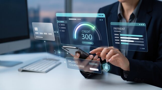 Financial Technology Interface Featuring A Credit Score Gauge And Digital Payment Dashboard Displayed On A Smartphone Held By A Professional Business Person In A Modern Office Setting For Banking Apps