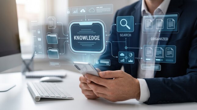 Knowledge management system concept featuring a digital interface over a smartphone held by a businessman in an office with data organization search icons and file storage cloud computing tools