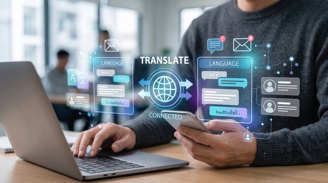 Language Translation Technology Concept Featuring A Person Using A Smartphone And Laptop With Digital Interface Overlays Showing Real Time Communication Icons And Global Connectivity Network Symbols