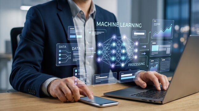 Machine Learning Artificial Intelligence Concept Featuring A Professional Businessman Interacting With A Digital Neural Network Interface Overlaying A Laptop And Smartphone In A Modern Office Setting