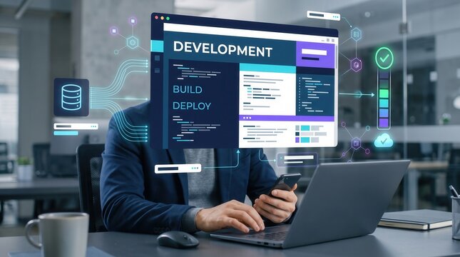Software development concept featuring a professional developer working on a laptop with a digital interface overlay displaying code, build, and deploy processes for modern application engineering
